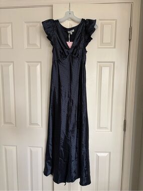 NWT Old Navy Satin Navy Blue Cottage Polka Dot Prairie Maxi Dress Ruffle sleeve